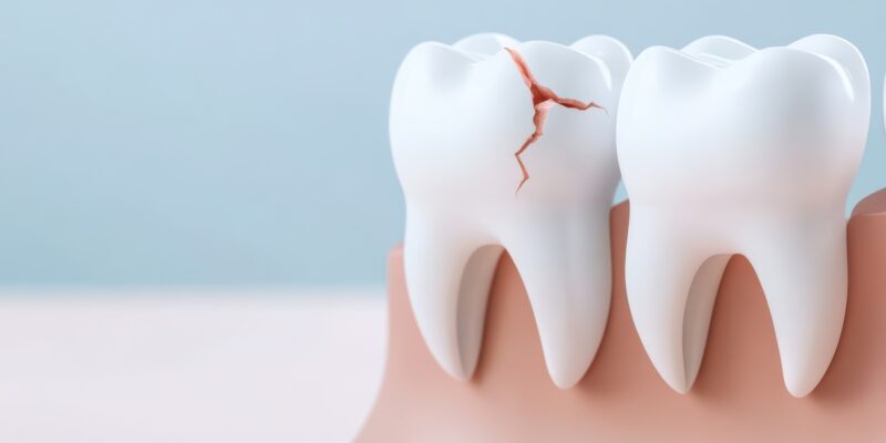 A close-up of two teeth, one with a visible crack, highlighting dental health and the importance of tooth care.