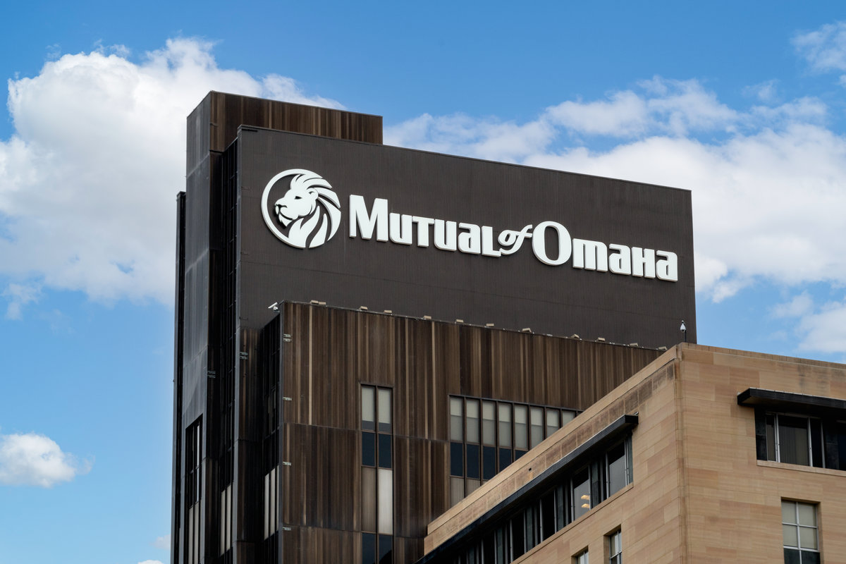OMAHA, NE, USA - NOVEMBER 4, 2022: Mutual of Omaha headquarters building and trademark logo.