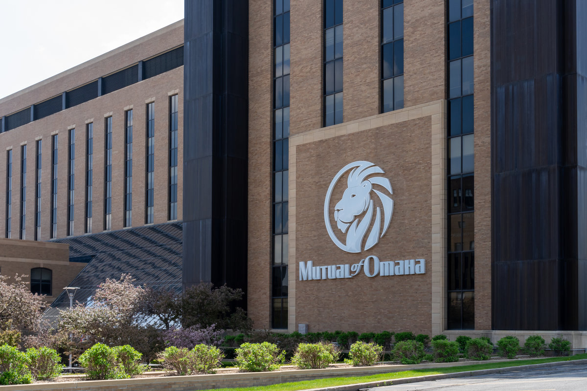 Omaha, NE, USA - May 7, 2023: Mutual of Omaha Corporate headquarters in Omaha, NE, USA. Mutual of Omaha is an American mutual insurance and financial services company.