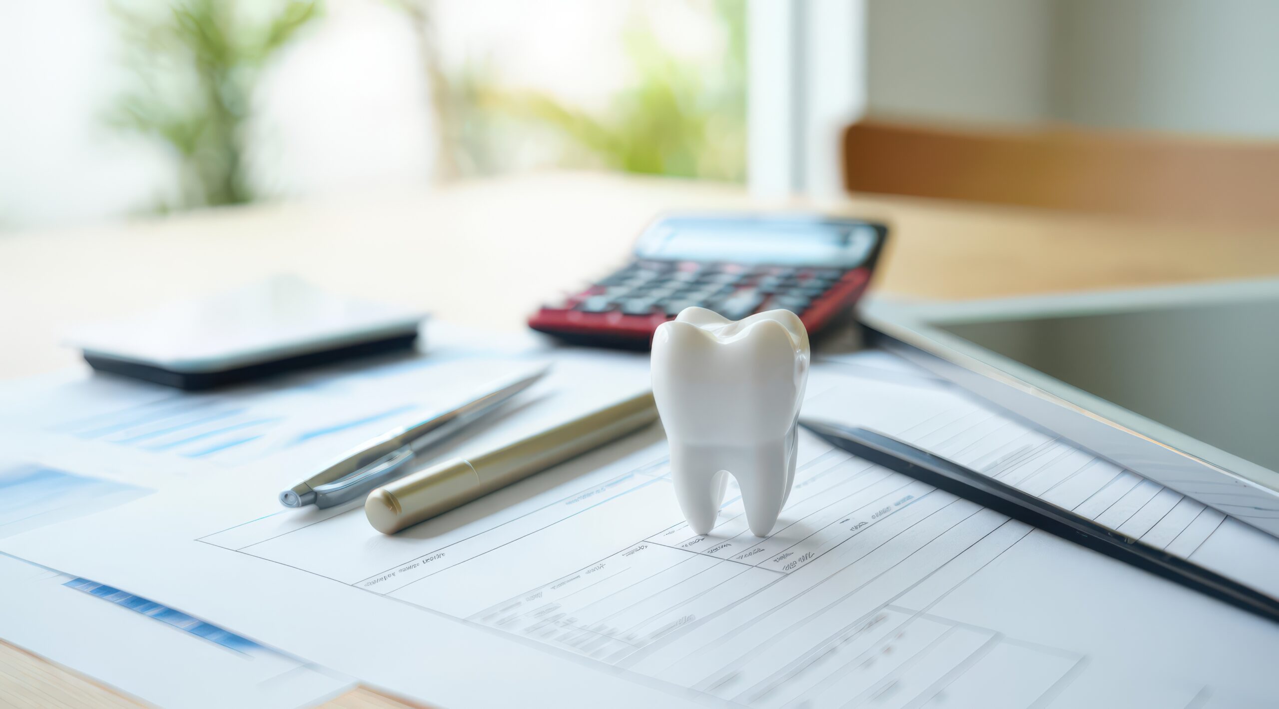 Tooth model on financial documents in dental office environment symbolizing dental business planning, insurance, or cost analysis in the healthcare sector.