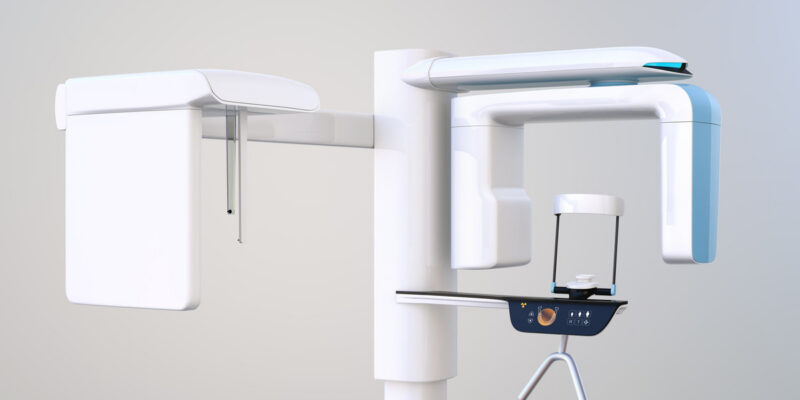 Dental X-ray machine with cephalometric unit in original design. 3D rendering image.